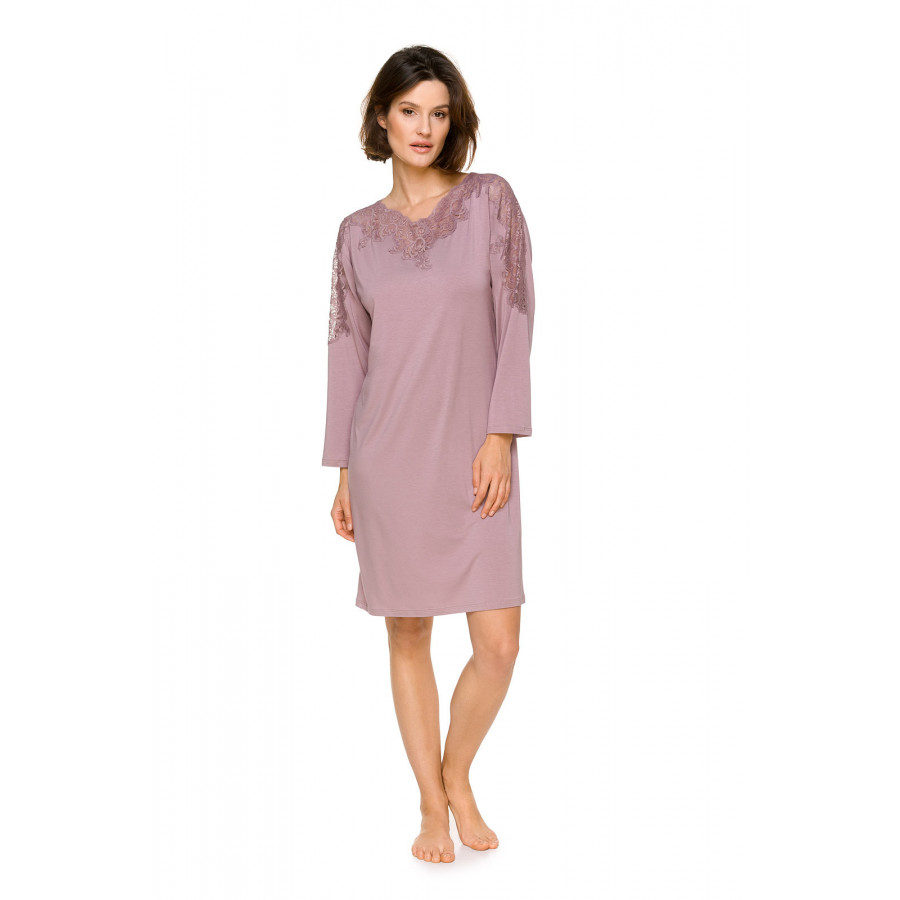 Long sleeve, short micromodal nightdress with a round collar adorned with lace - Coemi-lingerie