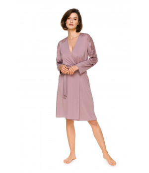 Mid-length micromodal dressing gown, with lace inserts on the shoulders and tops of the sleeves