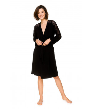 Mid-length micromodal dressing gown, with lace inserts on the shoulders and tops of the sleeves