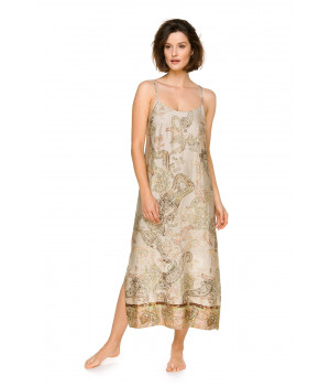 Loose-fitting, long nightdress with thin straps in printed viscose with an Indian paisley print - Coemi-lingerie