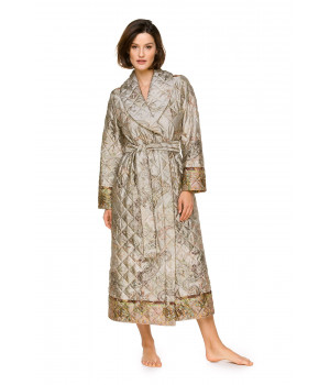 Loose-fitting, long bathrobe with shawl collar and an Indian paisley print
