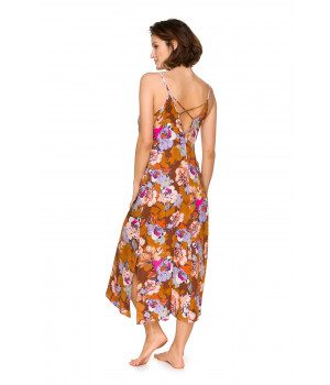Maxi nightdress with thin straps and a vibrant flower motif on an ochre background