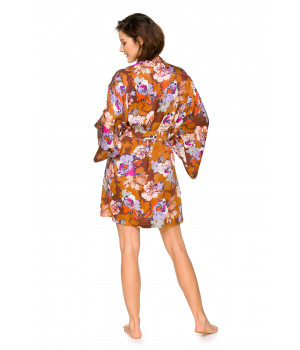Herrlicher Kimono mit buntem Blumenmuster auf ockerfarbenem Hintergrund - Coemi-lingerie
