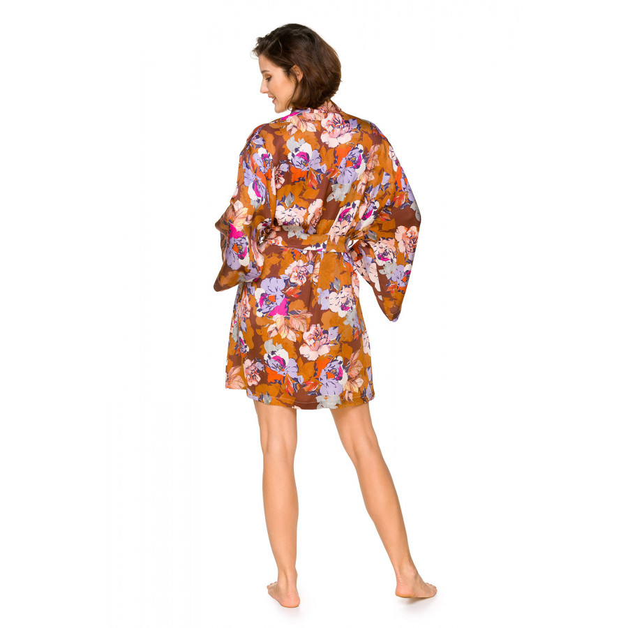 Gorgeous, kimono-style dressing gown with a vibrant flower motif on an ochre background - Coemi-lingerie