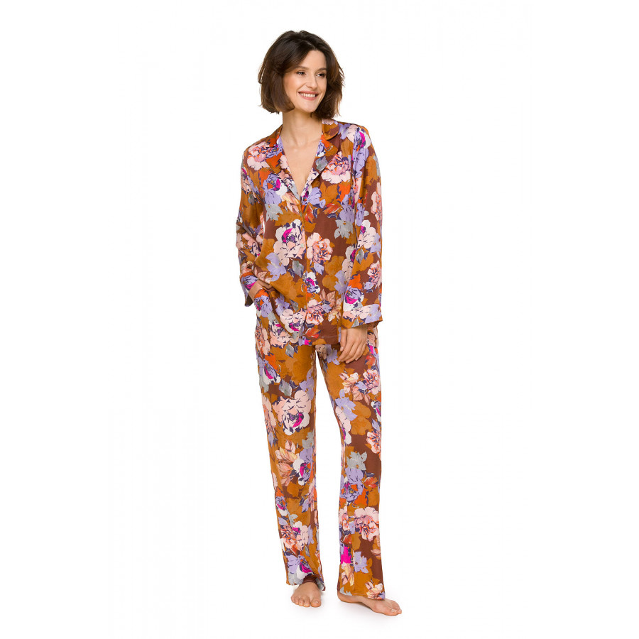 Zweiteiliger Pyjama aus seidenweicher Viskose mit buntem Blumenmuster auf ockerfarbenem Hintergrund - Coemi-lingerie