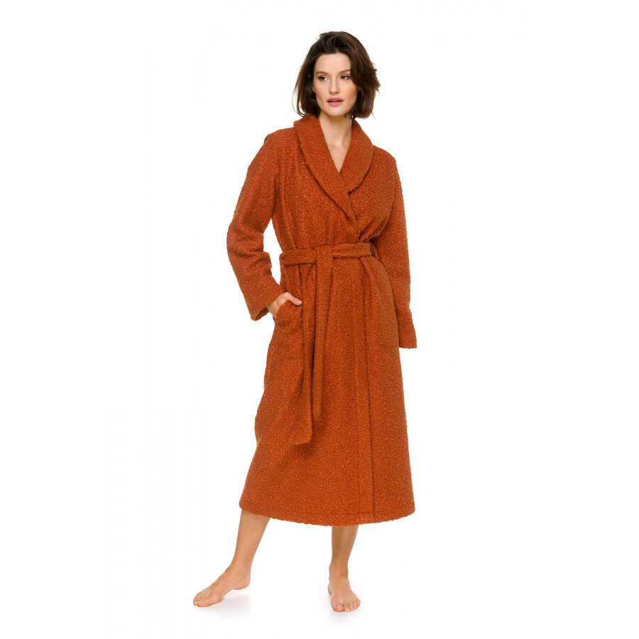 Very enveloping, generously-sized, long dressing gown/bathrobe with a shawl collar in an orangey ochre shade