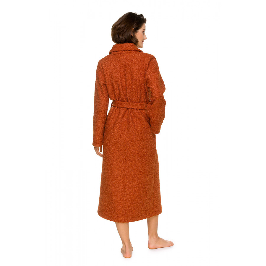 Very enveloping, generously-sized, long dressing gown/bathrobe with a shawl collar in an orangey ochre shade