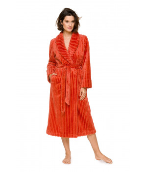 Long velvet-effect dressing gown/bathrobe with ribbed velvet shawl collar - Coemi-lingerie