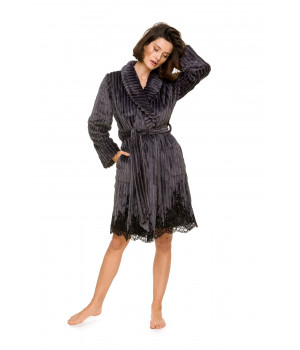 Elegant little wrap-around dressing-gown in ribbed effect velvet with a shawl collar