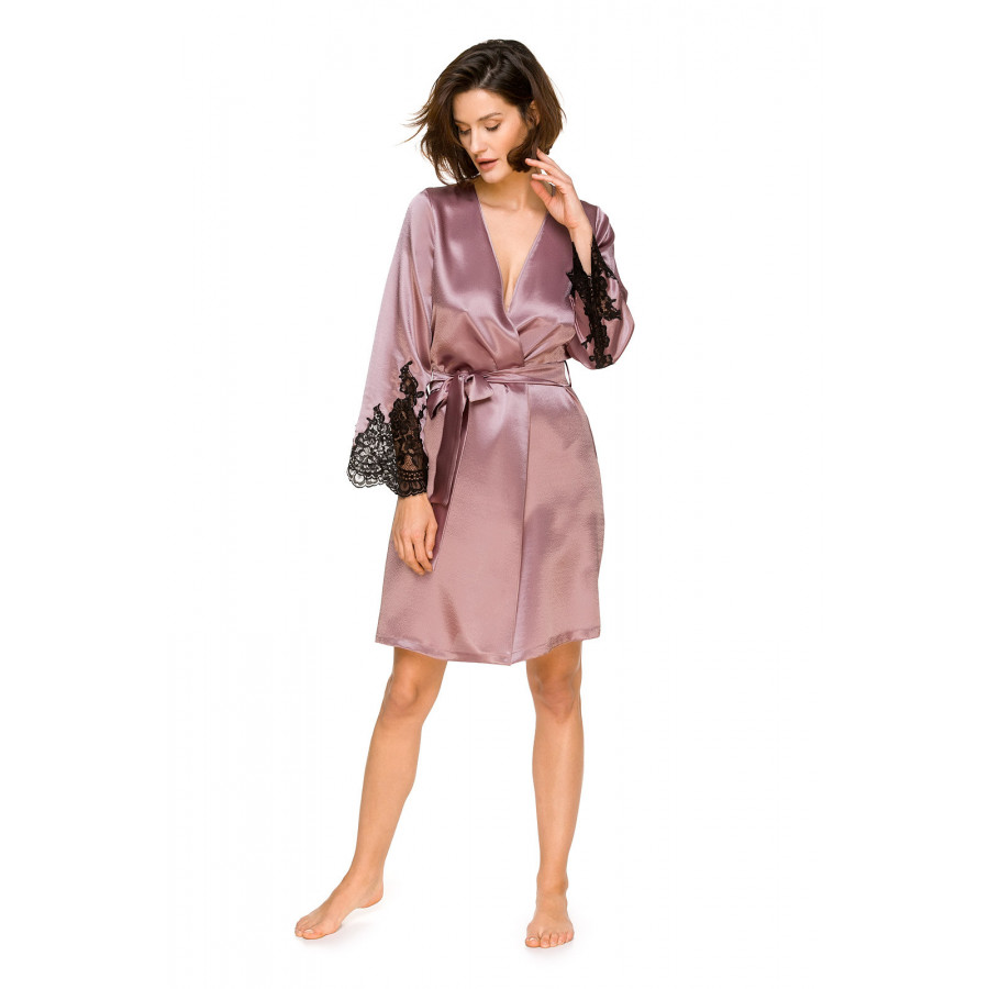 Dressing gown cut above the knee with flared sleeves, satin and lace  - Coemi-lingerie