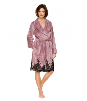 Pretty little mid-length dressing gown in velvet fabric with a geometric motif and lace
