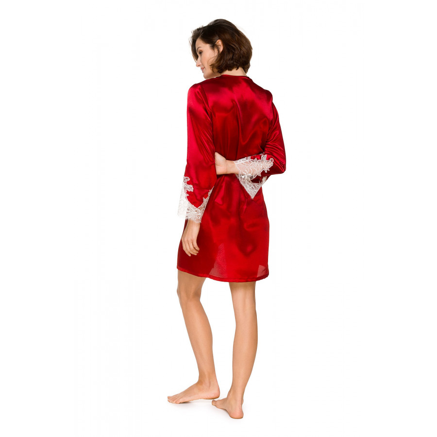 Eleganter Kimono aus seidenweichem, leuchtend rotem Satin und schöner weißer Spitze - Coemi-lingerie