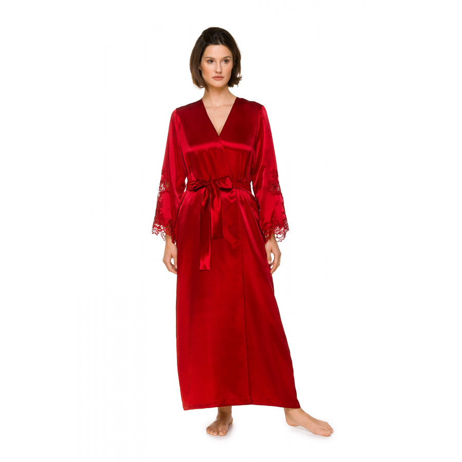 Chic and ultra glamorous long-sleeve maxi dressing gown in satin and lace - Coemi-lingerie