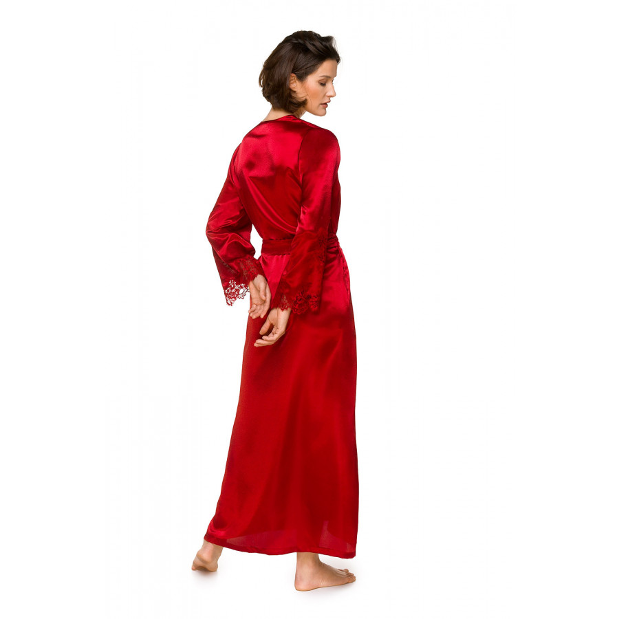 Chic and ultra glamorous long-sleeve maxi dressing gown in satin and lace - Coemi-lingerie