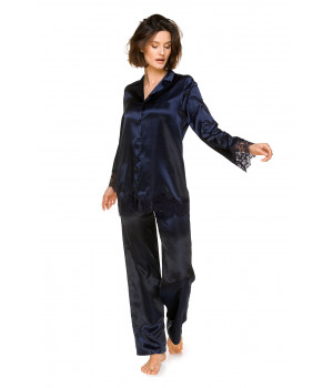 Zweiteiliger Pyjama aus Satin und Spitze bestehend aus einem Oberteil mit Knopfleiste und Hemdkragen
