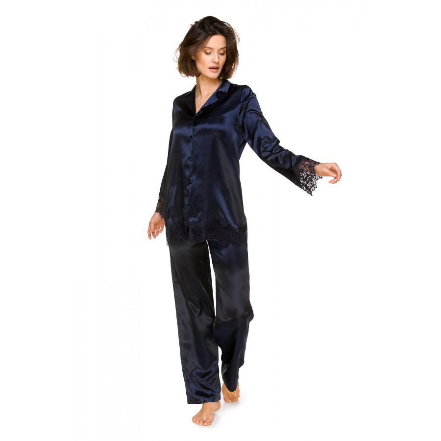 Satin and lace pyjamas, buttoned top with a shirt collar and straight-cut, flowing bottoms