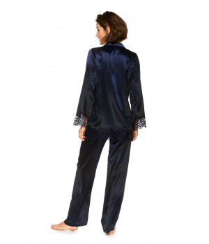 Satin and lace pyjamas, buttoned top with a shirt collar and straight-cut, flowing bottoms