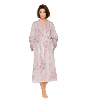 Velvety long dressing gown/bathrobe with geometric motifs and a shawl collar