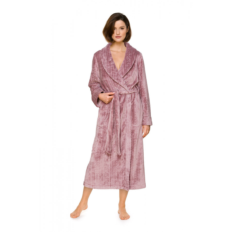 Long peignoir / robe de chambre en matière velours à motifs géométriques, col châle   - Coemi-lingerie