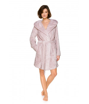 Pretty mid-length dressing gown in velvety fabric with a shawl collar and wide hood