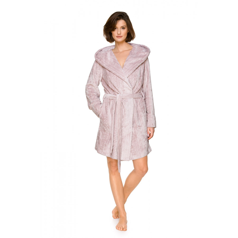 Pretty mid-length dressing gown in velvety fabric with a shawl collar and wide hood - Coemi-lingerie