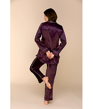 Satin pyjamas, shirt-style top with edging around the collar, pockets and sleeves - Coemi-lingerie