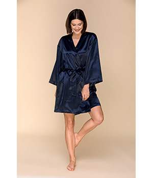 Thigh-length kimono-style satin dressing gown with long sleeves - Coemi-lingerie