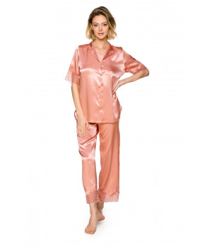 Elegant pyjamas consisting of a short-sleeve top and long bottoms in satin and lace