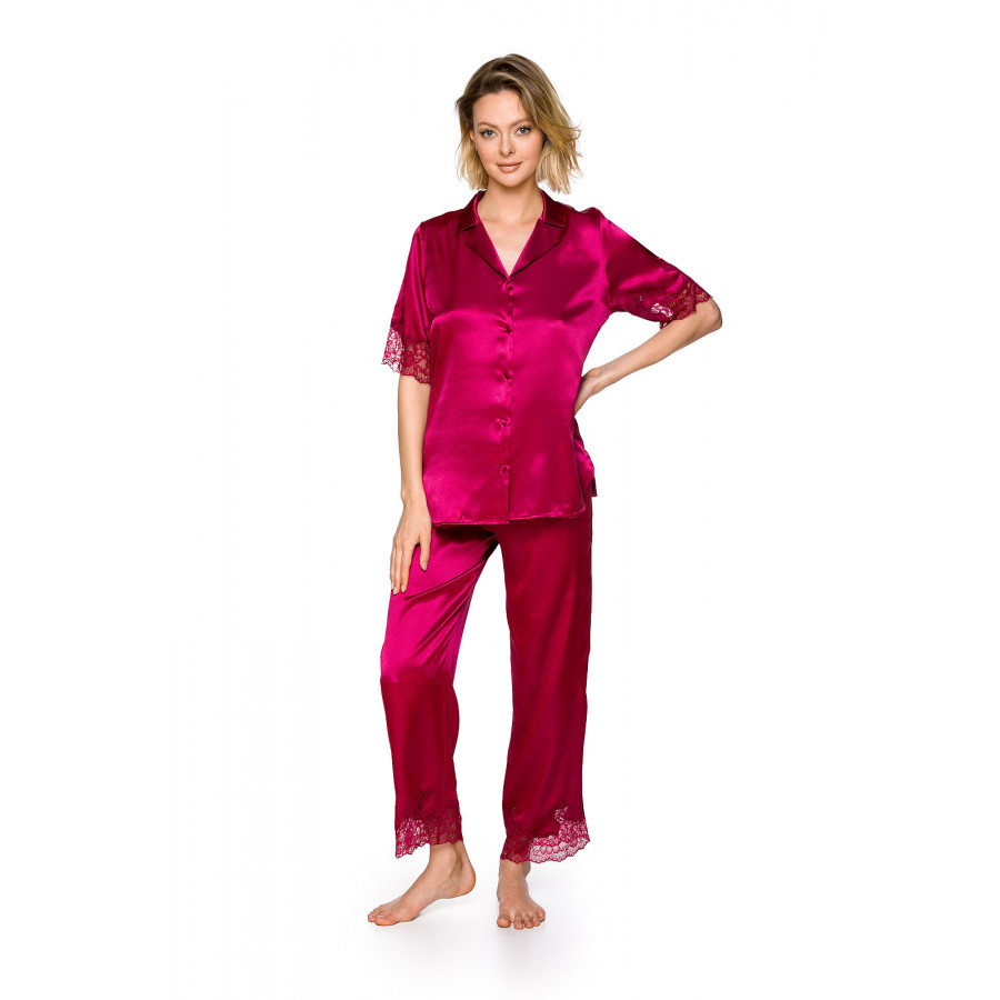 Eleganter zweiteiliger Pyjama aus Satin und Spitze mit einem kurzärmeligen Oberteil und einer langen Hose  - Coemi-lingerie