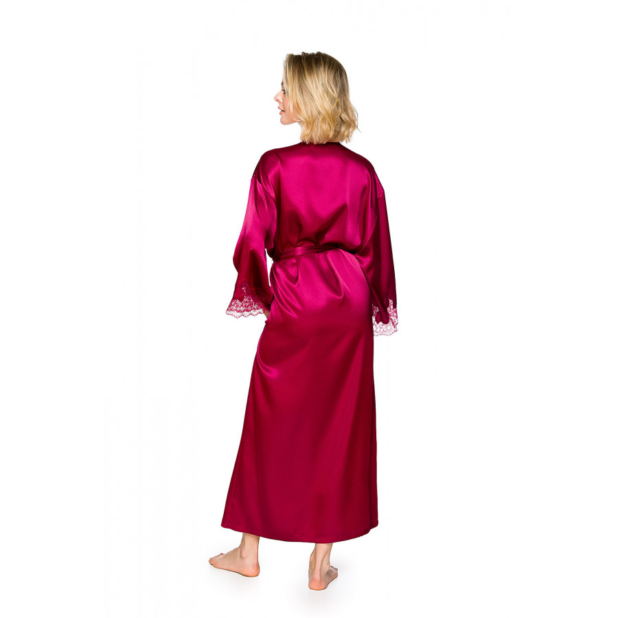 Maxi dressing gown in silky satin and lace with long, loose-fitting sleeves trimmed with lace - Coemi-lingerie