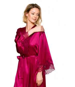 Maxi dressing gown in silky satin and lace with long, loose-fitting sleeves trimmed with lace - Coemi-lingerie