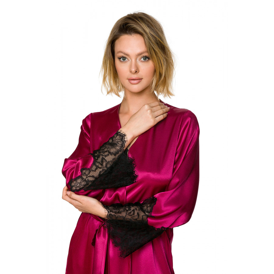 Pretty little satin dressing gown with long straight sleeves and lace on the forearms - Coemi-lingerie