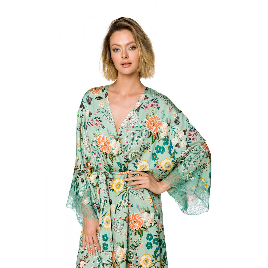 Schöner Kimono aus Viskose mit frühlinghaftem Blumenprint und Spitze in Knielänge - Coemi-lingerie