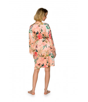 Gorgeous, kimono-style dressing gown, cut above the knee, with a floral print on a pink background - Coemi-lingerie