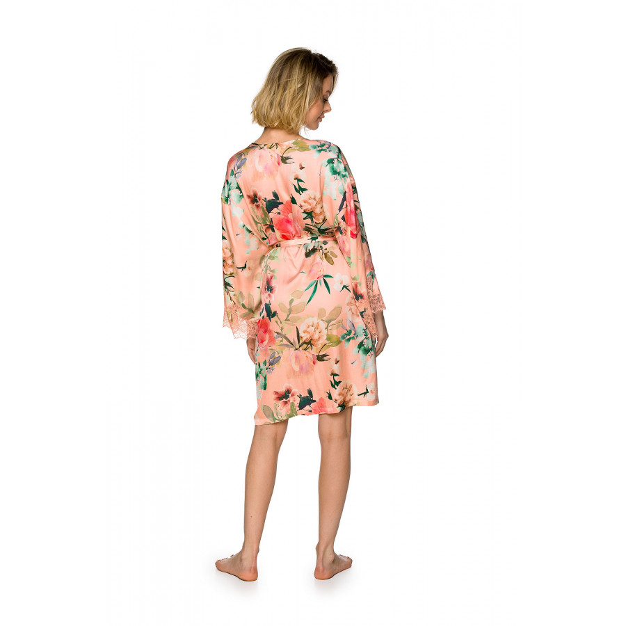Gorgeous, kimono-style dressing gown, cut above the knee, with a floral print on a pink background - Coemi-lingerie