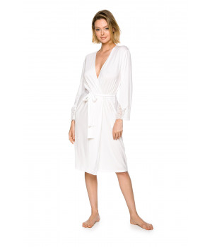 Light and flowing mid-length, long-sleeve dressing gown in micromodal and lace