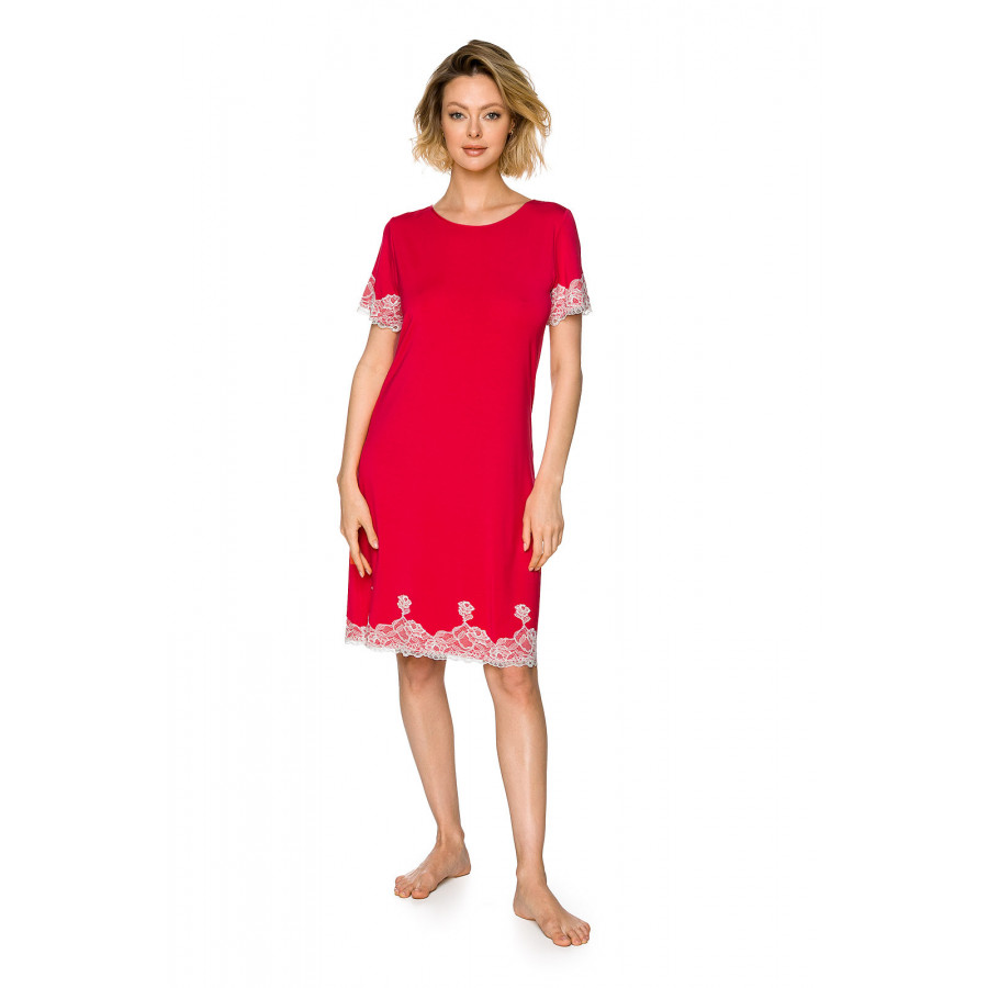 Short-sleeved, tunic-style, mid-length nightdress in micromodal and lace  - Coemi-lingerie