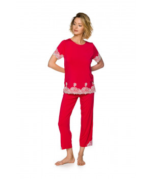 2-piece pyjamas in micromodal and lace with short sleeves and a round neck