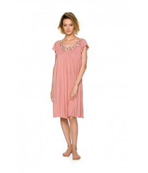 Gorgeous, loose-fitting and flared nightdress with embroidery adorning the round neckline