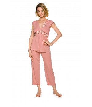 2-piece micromodal pyjamas with short sleeves, a plunging V-neck and embroidery