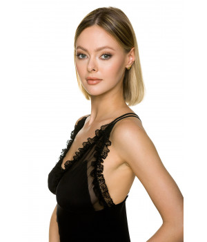 Sexy black micromodal negligee with lace and frills on the bust and hem - Coemi-lingerie