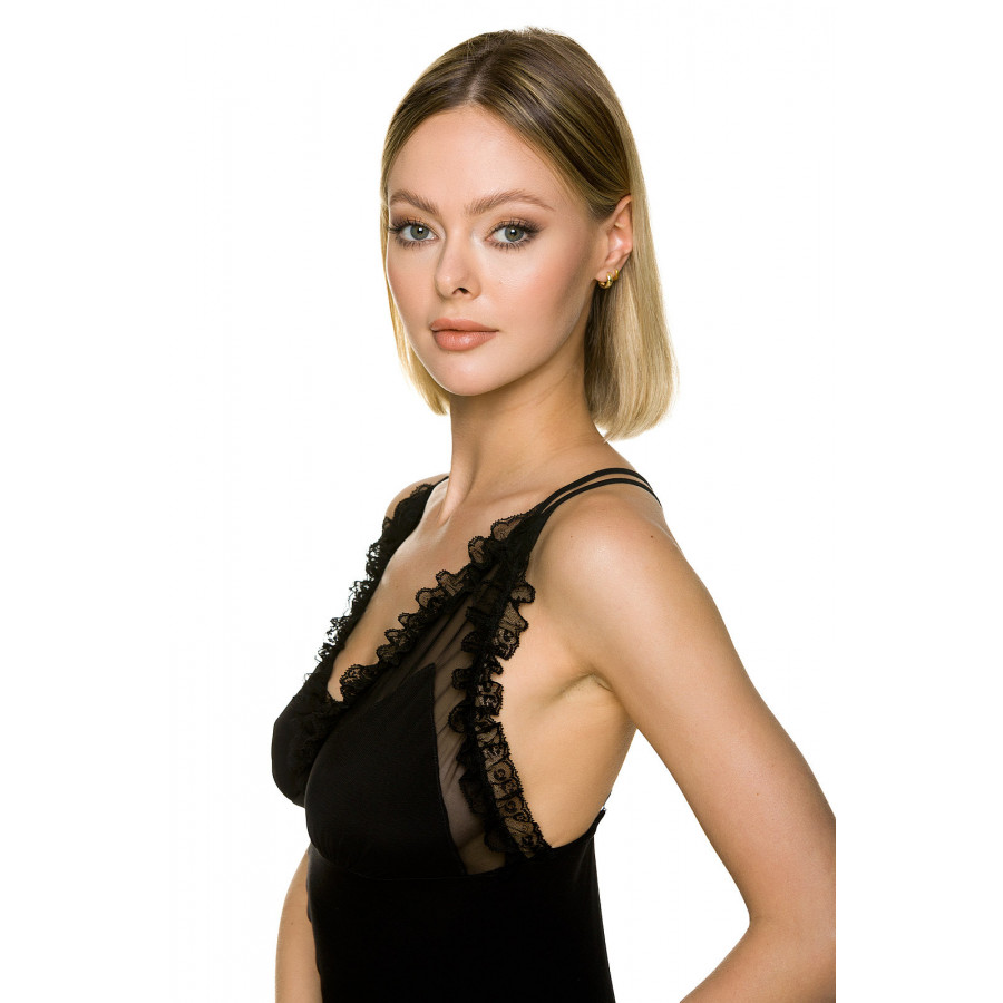 Sexy black micromodal negligee with lace and frills on the bust and hem - Coemi-lingerie