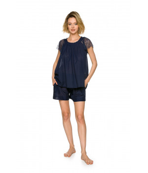 Midnight blue nightwear outfit in cotton and lace with a short-sleeve blouse-style top and shorts