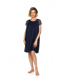 Weites Nachthemd / Hauskleid in Nachtblau aus 100 % Baumwolle mit kurzen Ärmeln aus Spitze