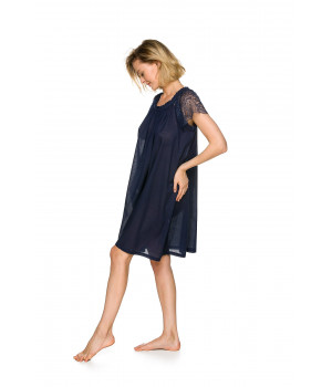Loose-fitting, floaty midnight blue nightdress made of 100% cotton with thin straps and lace - Coemi-lingerie