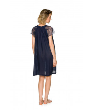 Weites Nachthemd / Hauskleid in Nachtblau aus 100 % Baumwolle mit kurzen Ärmeln aus Spitze - Coemi-lingerie
