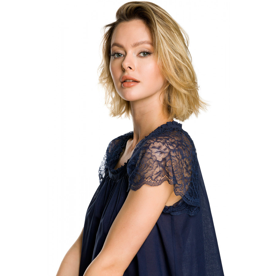 Weites Nachthemd / Hauskleid in Nachtblau aus 100 % Baumwolle mit kurzen Ärmeln aus Spitze - Coemi-lingerie