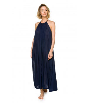 Midnight blue maxi nightdress made of 100% cotton with a halter neck, tied at the back