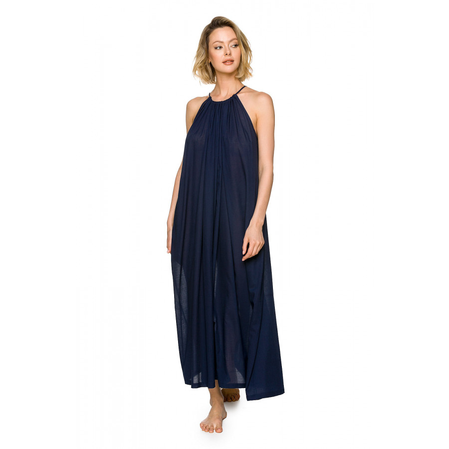 Midnight blue maxi nightdress made of 100% cotton with a halter neck, tied at the back - Coemi-lingerie