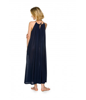 Sehr langes, weites Nachthemd in Nachtblau aus 100 % Baumwolle mit amerikanischem Armausschnitt und geknoteten Trägern am Rücken